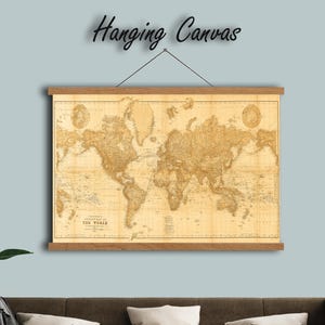 Vintage World Map Canvas – Sepia Antique Wall Art – 19th Century Geography Poster – Old World Travel Decor for Study or Library