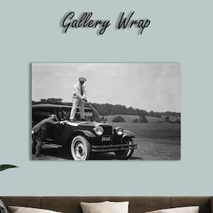 Vintage Golf Car Photography Print – Retro Black and White Wall Art – Classic Car & Golf Decor – 1920s Antique Style Canvas Poster