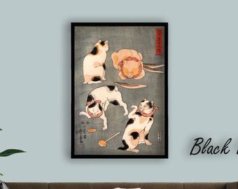 Four Cats Japanese Woodblock Canvas, Vintage Cat Art, Ukiyo-e Cat Wall Art, Traditional Japanese Print, Asian Decor, Gift for Cat Lovers