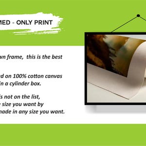 Puede incluir: Impresi&oacute;n en lienzo enrollada, sin marco, con borde negro, colgada sobre un fondo blanco y verde. El texto "UNFRAMED - ONLY PRINT" est&aacute; en la parte superior. El lienzo est&aacute; impreso en algod&oacute;n 100% y se env&iacute;a enrollado.