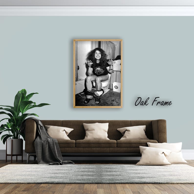 May include: A black and white photograph in an oak frame depicting a person with long hair sitting on a toilet, wearing a graphic t-shirt and sandals, holding a cigarette and a glass. The image is displayed on a wall above a brown sofa.