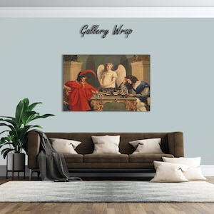 Puede incluir: Impresi&oacute;n en lienzo enmarcada de una pintura cl&aacute;sica que representa una partida de ajedrez. Una figura con t&uacute;nica y sombrero rojos juega contra una figura con abrigo azul, con un &aacute;ngel entre ellos. El texto "Gallery Wrap" est&aacute; arriba.