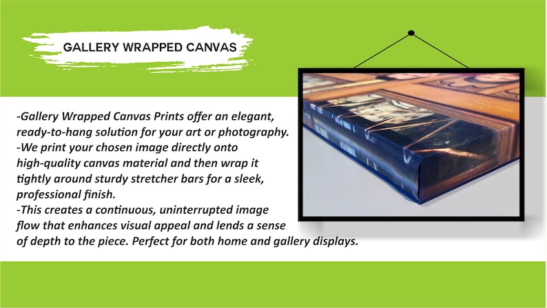 Puede incluir: Una impresi&oacute;n en lienzo con marco, que muestra una obra de arte enmarcada. El lienzo est&aacute; estirado sobre barras resistentes, ofreciendo un acabado elegante. El texto "GALLERY WRAPPED CANVAS" est&aacute; en la parte superior de la imagen.