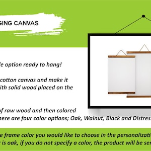 Puede incluir: Impresiones en lienzo colgantes con detalles en madera maciza. El texto indica que el lienzo est&aacute; hecho de 100% algod&oacute;n y listo para colgar. Las opciones de color del marco incluyen roble, nogal, negro y blanco envejecido. El color predeterminado es roble.