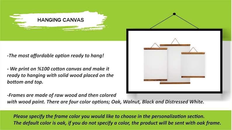 Puede incluir: Impresiones en lienzo colgantes con detalles en madera maciza. El texto indica que el lienzo est&aacute; hecho de 100% algod&oacute;n y listo para colgar. Las opciones de color del marco incluyen roble, nogal, negro y blanco envejecido. El color predeterminado es roble.