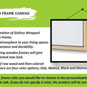 Puede incluir: Un lienzo con marco flotante con un marco negro y un borde de madera natural. El texto de la imagen describe las caracter&iacute;sticas del producto, incluida la combinaci&oacute;n de un lienzo envuelto en galer&iacute;a y un marco de madera, y las opciones de color disponibles.