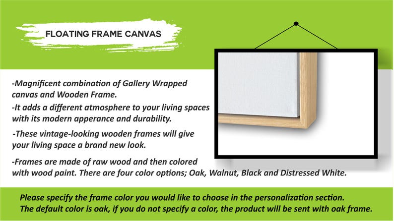 Puede incluir: Un lienzo con marco flotante con un marco negro y un borde de madera natural. El texto de la imagen describe las caracter&iacute;sticas del producto, incluida la combinaci&oacute;n de un lienzo envuelto en galer&iacute;a y un marco de madera, y las opciones de color disponibles.