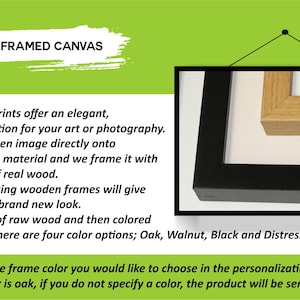 Puede incluir: Imagen de un lienzo con marco de madera, con un marco negro y un marco de madera natural. El texto describe las caracter&iacute;sticas del producto: listo para colgar, lienzo de alta calidad y marcos de madera real. Hay cuatro opciones de color disponibles.