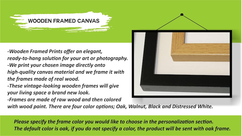 Puede incluir: Imagen de un lienzo con marco de madera, con un marco negro y un marco de madera natural. El texto describe las caracter&iacute;sticas del producto: listo para colgar, lienzo de alta calidad y marcos de madera real. Hay cuatro opciones de color disponibles.
