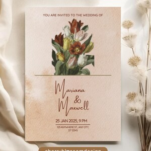 Rustieke huwelijksuitnodiging - bewerkbare canvassjabloon - vintage bloemdessin - digitale download - afdrukbare bruiloftsuitnodiging - beige ontwerp