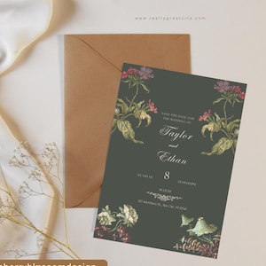 Plantilla editable de invitación de boda con diseño floral oscuro: estilo vintage elegante: invitación digital Canva para bodas, compromisos y eventos