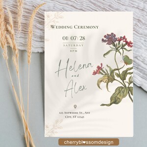 Elegante minimalistische Hochzeitseinladung - Vorlage bearbeitbare digitale Canva-Einladung - Schmetterlings-Blumendruckbare Einladung - rosa grüne Karte