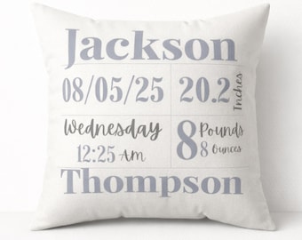 Almohada personalizada para anuncio de nacimiento / Almohada personalizada con estadísticas de nacimiento / Regalo de recuerdo para recién nacido / Decoración para habitación infantil / Regalo para baby shower