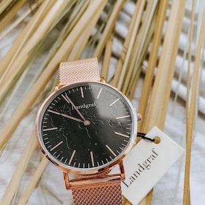 Reloj de oro rosa personalizado con mapa del mundo, regalo de graduación para amigos de larga distancia. Reloj de viaje grabado.