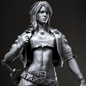 May include: A grayscale 3D render of a female figure in a leather jacket, crop top, and tactical pants. The figure has a sword and a futuristic weapon. The figure is wearing a belt with pouches and a necklace. The image is a studio render.