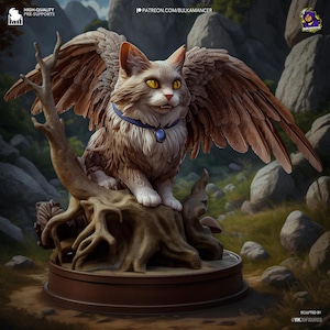 May include: A detailed sculpture of a cat with feathered wings, perched on a tree stump. The cat has yellow eyes and a blue collar. The sculpture is set against a backdrop of a mountainous landscape.