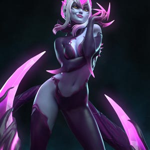 Könnte beinhalten: Fantasiefigur mit blasser Haut, dunkelvioletter Kleidung und leuchtend pinkfarbenen Akzenten. Die Figur hat ein stilisiertes Design mit scharfen, kantigen Elementen und einem selbstbewussten Ausdruck. Die Figur ist von Tanuki Figures und auf Patreon erhältlich.