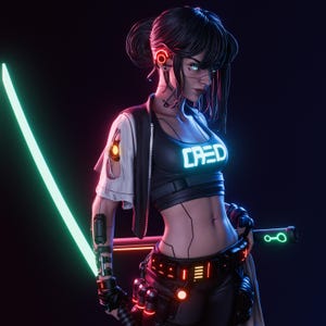 Könnte beinhalten: Digitales Kunstbild einer futuristischen weiblichen Figur mit einem leuchtenden neongrünen Schwert. Sie trägt ein schwarzes Crop-Top mit dem Wort "CRED" in Neonblau, eine schwarze Jacke und futuristische Ausrüstung. Der Hintergrund ist dunkel mit Neonakzenten.