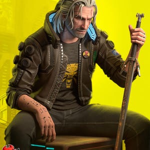 Può includere: Illustrazione digitale di un personaggio di Cyberpunk 2077, con una giacca di pelle marrone, una maglietta verde scuro con una grafica gialla e pantaloni scuri. Il personaggio tiene una spada. Lo sfondo è giallo.