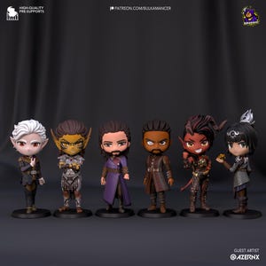 Könnte beinhalten: Sechs Miniaturfiguren von Fantasy-Charakteren, jede mit einzigartigen Merkmalen und Kleidung. Die Charaktere umfassen einen weißhaarigen Elf, einen grünhäutigen Elf, einen bärtigen Menschen, einen bärtigen Menschen mit einem schwarzen Umhang, einen rot-häutigen Dämon mit Hörnern und einen Menschen mit schwarzen Haaren und einer Krone.