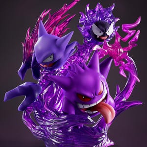 Puede incluir: Una figura morada que representa tres criaturas fantasmales estilizadas con expresiones amenazantes. La figura está rodeada de efectos de energía morada translúcida. El texto "1:8 SCALE PRE SUPPORTED" es visible.