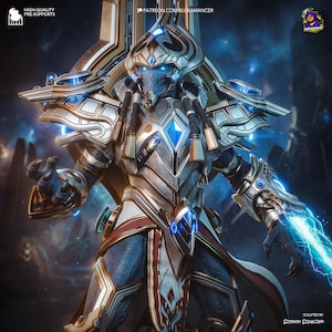 May include: A detailed digital sculpture of a humanoid alien warrior in ornate armor. The figure is predominantly silver, blue, and gold, with glowing blue energy effects. The image includes text that reads "HIGH-QUALITY PRE-SUPPORTS" and "PATREON.COM/BULKAMANCER".