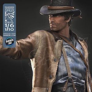 May include: A detailed 3D-printed figure of a man in a cowboy hat and leather jacket. The figure has a weathered appearance, with a blue shirt and suspenders visible. The figure is a 1/6 or 1/10 scale model. The image includes the text "PRE-SUPPORTED 3D FILES".