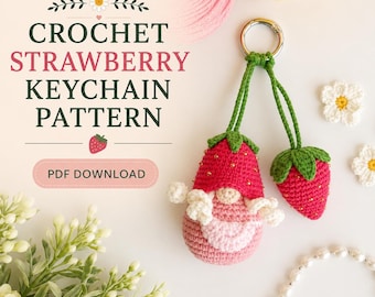 Crochet keychain gnome pattern, Crochet keychain amigurumi pattern, Crochet pattern summer gnome, Crochet strawberry