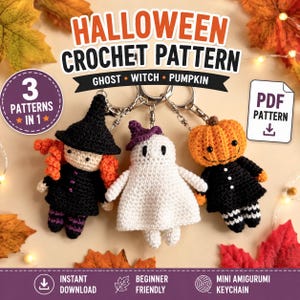 May include: Three crochet keychains featuring a witch with orange hair, a white ghost, and an orange pumpkin. Text reads: HALLOWEEN CROCHET PATTERN, GHOST, WITCH, PUMPKIN, 3 PATTERNS IN 1, PDF PATTERN, INSTANT DOWNLOAD, BEGINNER FRIENDLY, MINI AMIGURUMI KEYCHAIN.