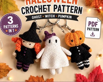Halloween-Häkelmuster-Set, Anleitung für einen Geister-Hexen-Kürbis-Schlüsselanhänger, Mini-Amigurumi-PDF
