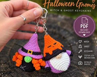 May include: Two crochet gnome keychains featuring a witch with a purple hat and orange hair, and a ghost with an orange hat and white beard. The text reads CROCHET PATTERN Halloween Gnomes WITCH & GHOST KEYCHAINS PDF INSTANT DOWNLOAD.