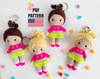 Crochet doll keychain pattern, Crochet keychain amigurumi pattern, Mini toy pattern, cheerleader gift