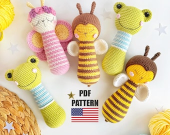 Crochet rattle pattern bundle,Frog bee butterfly baby rattle toy, amigurumi rattle pattern