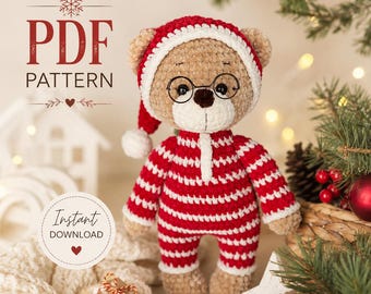 Chrisrmas bear crochet pattern PDF, Teddy bear amigurumi, Santa bear pattern, Holiday plush toy