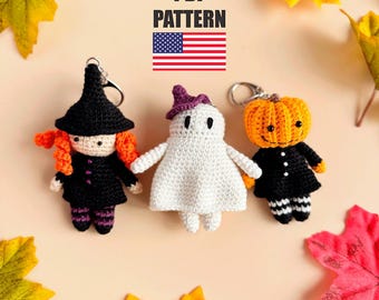Crochet Halloween keychain pattern, Ghost Witch Pumpkin Amigurumi PDF, Halloween bag charm pattern