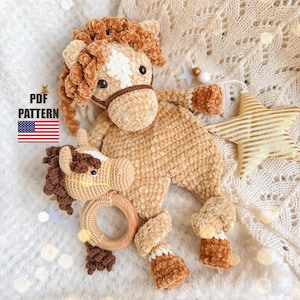 Gehaakte paardenpatronen SET 2 in 1, gehaakt lovey-patroon, gehaakt rammelaarpatroon paard, amigurumi-paardenspeelgoed