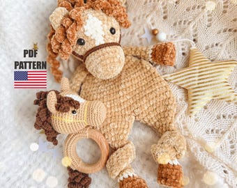 Crochet horse patterns SET 2 in 1, Crochet lovey pattern, Crochet horse rattle pattern, Amigurumi horse toy