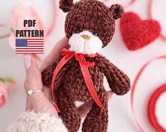 Mini teddy bear crochet pattern, Cute Valentine bear with heart, Chubby plush toy DIY (PDF Download)