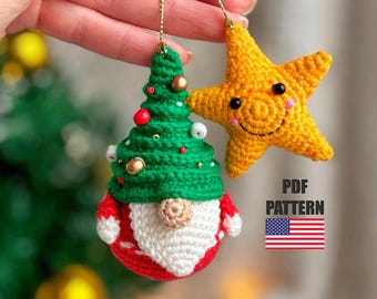 Crochet Christmas Gnome & Star Ornaments Pattern (PDF)