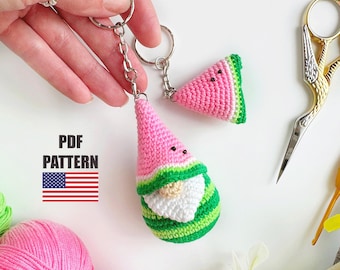 Crochet keychain gnome pattern, Crochet keychain amigurumi pattern, Crochet pattern summer gnome, Crochet watermelon