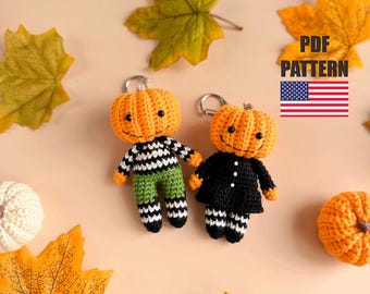 Crochet pattern pumpkin Jack, Halloween doll amigurumi pattern, Crochet Halloween keychain pattern
