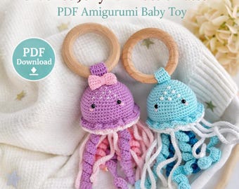 Crochet Jellyfish Rattle Pattern PDF | Amigurumi Baby Toy | Ocean Sea Animal Crochet