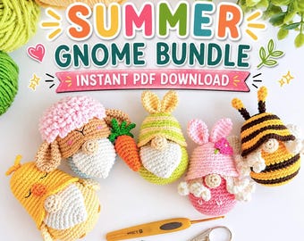 Crochet Summer Gnome Pattern Bundle, Amigurumi Gnome Keychain Pattern PDF, Bee Gnome, Bunny Gnome, Chick Gnome, Cute Crochet Bag Charm
