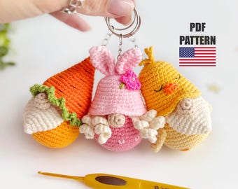 Crochet summer gnome pattern bundle, Amigurumi gmome keychain PDF, Garden gnome bag charm