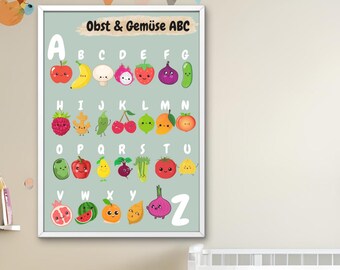 ABC Poster Fruit & Vegetables | Children&#39;s Alphabet Picture | ABC Fruit and Vegetable Letters | ABC Poster Montessori Learning Material Elementary School German