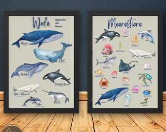 Poster Whales and Sea Animals Set Montessori Learning Poster Ocean Animals Children&#39;s Room Poster Decoration Wall Decoration A3 A4 A5 A6 Digital Download