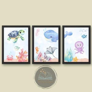 Unterwasserwelt Poster Kinderzimmer 3er Set, Schildkröte, Qualle, Wal, Kinderzimmer Deko, Kinderzimmer Bilder A4 Digitaler Download