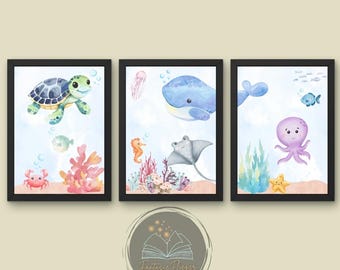 Unterwasserwelt Poster Kinderzimmer 3er Set, Schildkröte, Qualle, Wal, Kinderzimmer Deko, Kinderzimmer Bilder A4 Digitaler Download