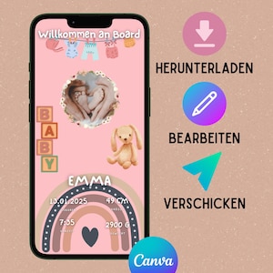 Anuncio de nacimiento digital Plantilla personalizable para bebé Tarjeta de nacimiento de niño y niña Plantilla móvil para bebé Plantilla A4 Canva PDF JPEG PNG