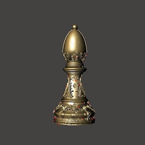 May include: A gold-colored chess bishop piece with intricate detailing. The piece has a rounded top and a detailed base with ornate carvings. Red accents are visible throughout the design, adding a touch of contrast to the metallic finish. The bishop is a classic chess piece.